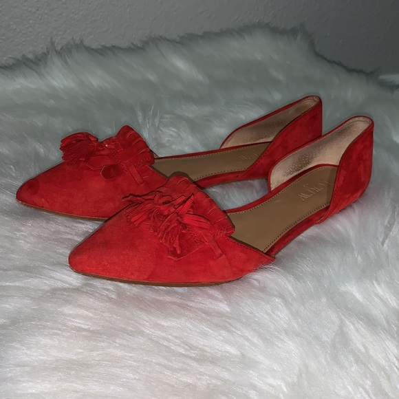 PUBLIC STORAGE TOOK J. CREW bright Red leather pointed Flats Sz 8 fringe suede - Picture 9 of 16